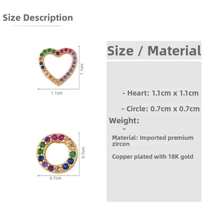 Detailed view of heart and circle 18K gold plated earrings with colorful zircon stones
