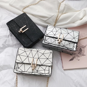 Geometric Pattern Mini Square Shoulder Bag PU Leather Gold Chain Strap Metal Lock For Women Street Style