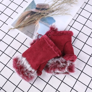 Fashionable red rabbit fur fingerless gloves for women, warm winter typing mittens
