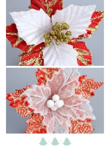 Detail of red and white mesh Christmas flowers with glitter and flocked fabric texture
