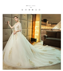 Close-up of golden lace appliques and fringe sleeves on ivory bridal ball gown