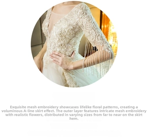 Detail of champagne bridal gown featuring exquisite lace embroidery and beaded tassels