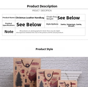 Detail of Christmas kraft paper gift bag with festive Santa and snowman patterns