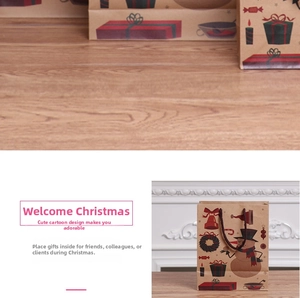 Detail of kraft paper Christmas gift bag featuring colorful cartoon holiday patterns