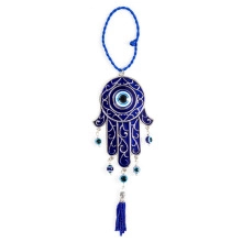 Blue Hamsa Hand and Evil Eye amulet keychain featuring delicate tassels and woven loop