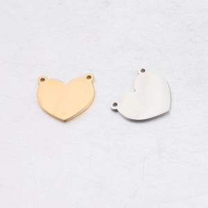 Polished heart-shaped stainless steel pendants in gold and silver with double holes
