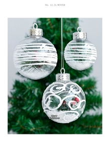 Detail of 6cm clear Christmas balls with snow scene, red berries and white stripes