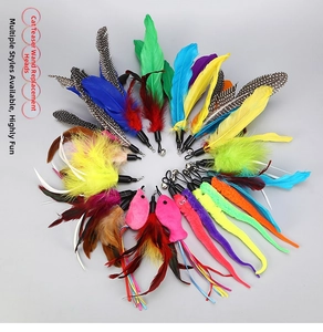 Various cat wand replacements with colorful feathers and plush worms with bells