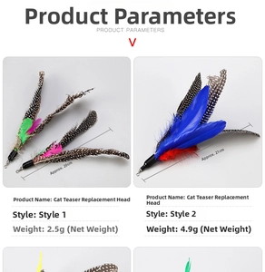 Detail view of natural feather cat wand replacements with size and weight specs
