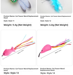Detail view of colorful feather cat wand refills with bells and hooks for interactive play