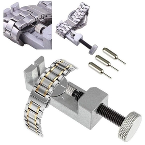 Metal watch link remover tool kit with replacement pins for strap adjustment