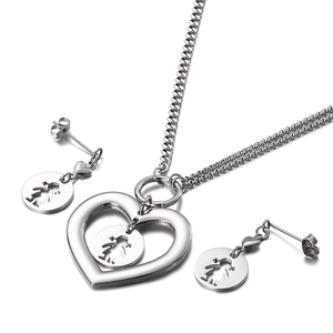 Silver stainless steel heart cutout necklace and earring set for women featuring girl silhouette