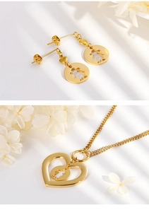 Detail of gold titanium steel hollow heart necklace and girl pendant earring set