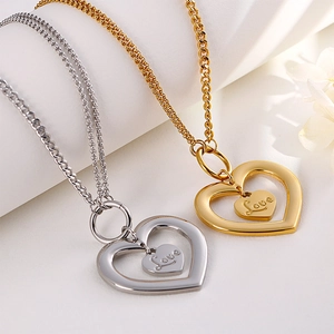 Dual heart hollow LOVE necklace set with Cuban chain in gold and silver finish