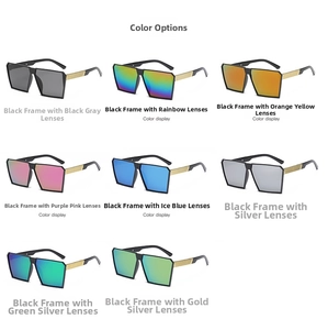 Eight color options for oversized square sunglasses featuring black frames and gold temples