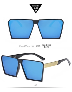 Detail of oversized black sunglasses with ice blue lenses and gold textured temples