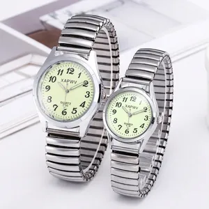 Luminous quartz watch set for couples with elastic stainless steel stretch band