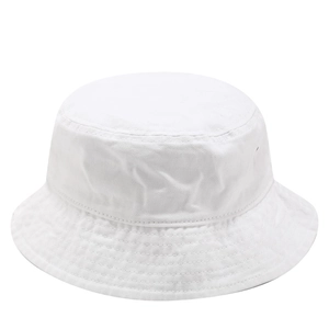 Detail view of white cotton bucket hat featuring wide brim and reinforced stitching lines
