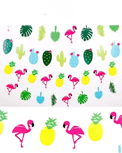Détail de bannière de fête tropicale avec flamant rose, ananas et cactus en carton