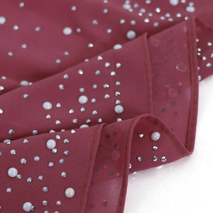 Deep rose chiffon scarf detailed with white pearls and sparkling rhinestones for women