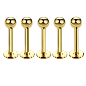 Detailed set of five polished gold stainless steel labret studs with flat base and ball top