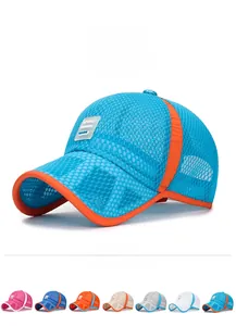 Close-up of breathable mesh baseball caps in multiple colors for kids outdoor sports