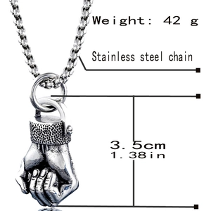 Detailed dimensions of fist pendant necklace with stainless steel chain measurements