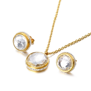 Gold plated stainless steel jewelry set with sparkling round zircon necklace and earrings