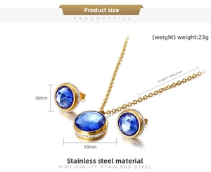 Detailed view of gold stainless steel jewelry set with blue crystal and size measurements
