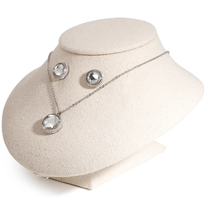 Polished silver stainless steel jewelry set with round zircon necklace and stud earrings