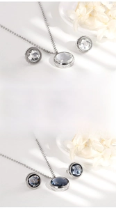Detail of round cut zircon necklace and earring set with shimmering micro-pave crystals