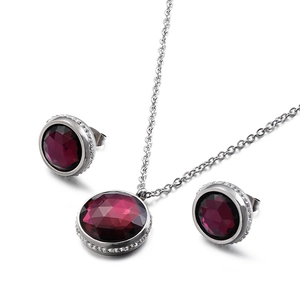 Polished silver stainless steel jewelry set with red zircon necklace and stud earrings