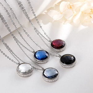 Titanium steel jewelry set with round zircon crystal necklaces in five vibrant colors