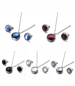Detailed color display of stainless steel round zircon necklace and earrings set