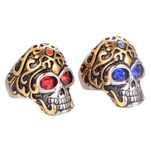 Vintage gothic skull rings in titanium steel with gold filigree and colorful gemstones