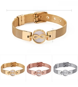 Mesh-Armband aus Edelstahl mit Infinity-Symbol und Perlmutt-Detail in drei Farben