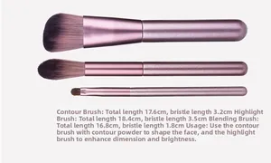 Detailed size specifications for purple makeup brushes including contour and highlight tools