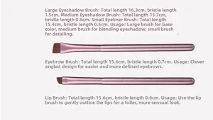 Size chart showing lengths of purple eye, brow, and lip makeup brushes with dimensions