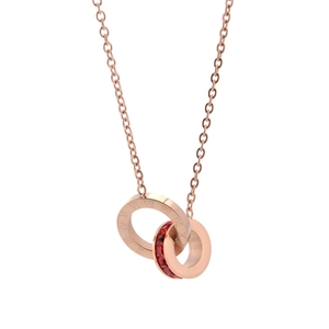 18K rose gold stainless steel necklace featuring roman numerals and red gemstone ring