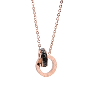 Rose gold stainless steel necklace with roman numerals and black zircon double ring pendant