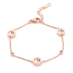 Rose gold stainless steel bracelet with three circular cubic zirconia pendant charms
