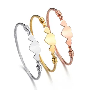 Bracelet Jonc Ouvert Cœur Acier Inoxydable Motif Cœur Fil Torsadé Réglable Manchette Bijoux Femme