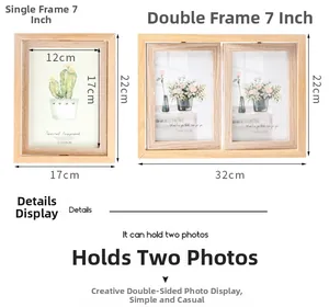 Detailed dimensions of Nordic wood rotating photo frame with dual-side display features