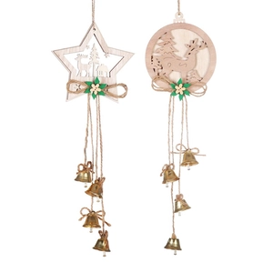 Laser-cut wooden Christmas ornaments with deer patterns, green flowers and small copper bells