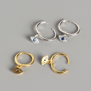 S925 sterling silver evil eye hoop earrings with blue cubic zirconia in gold and silver