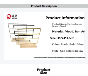 Three-color metal earring organizer with wooden base and multiple hanging holes