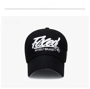 Front view of black baseball cap featuring white 3D embroidery and twill cotton texture