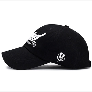 Black cotton baseball cap with white embroidery and side logo on a white background