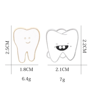 Cartoon tooth enamel pin set with smiling and cool expressions and precise measurements