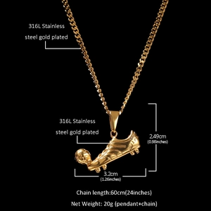Gold stainless steel hip hop necklace featuring soccer ball and shoe pendant with chain
